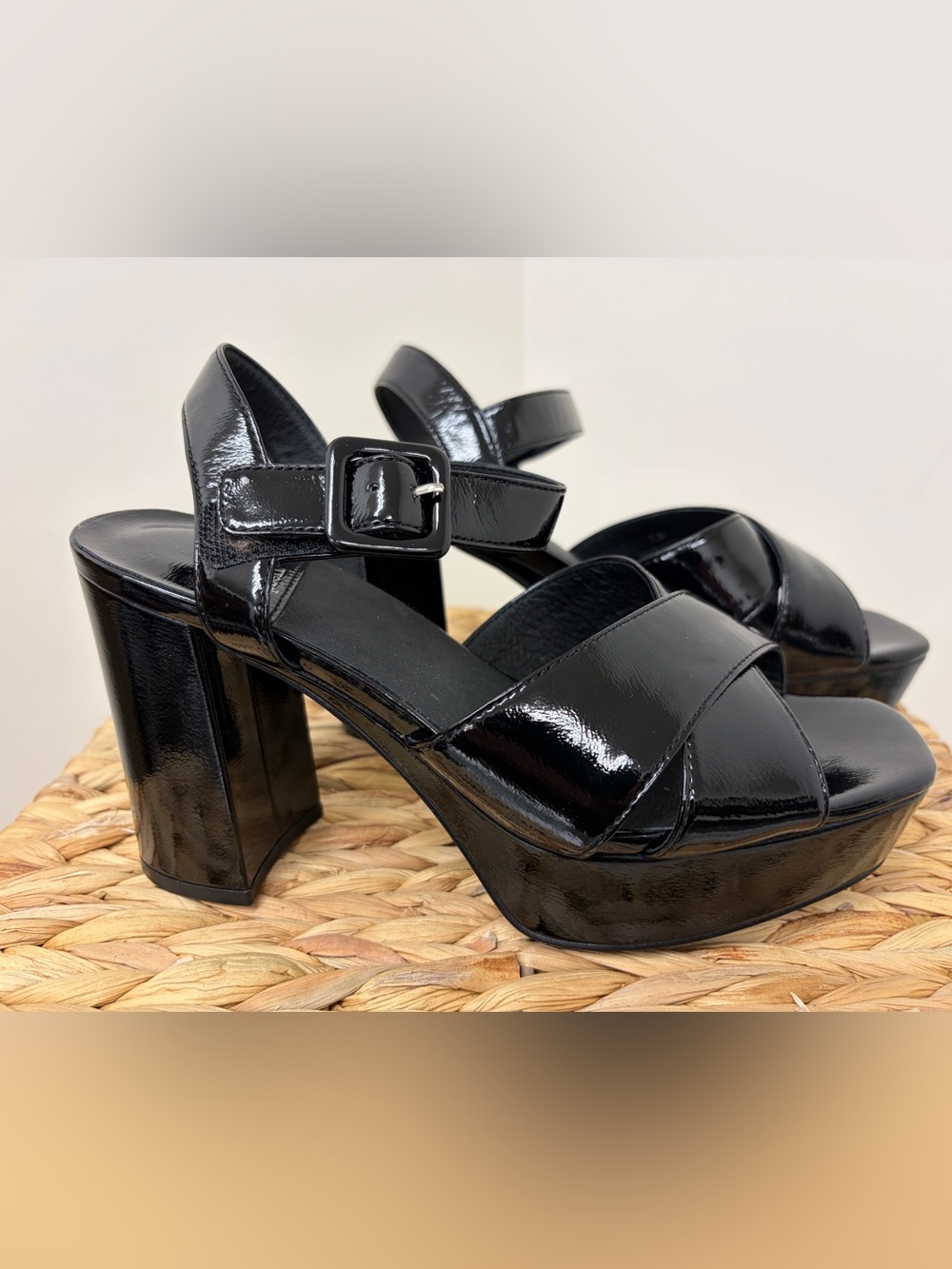 Jeffrey Campbell Glossy Black Patent Platform Heels with Buckle